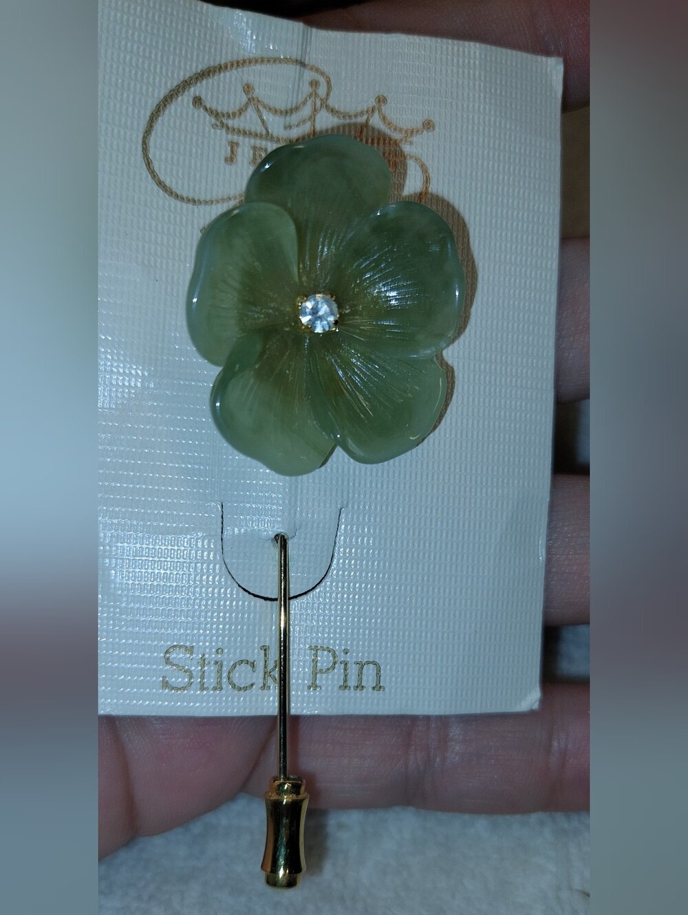 Park Lane Green Floral Stick Pin Brooch with Crystal Center